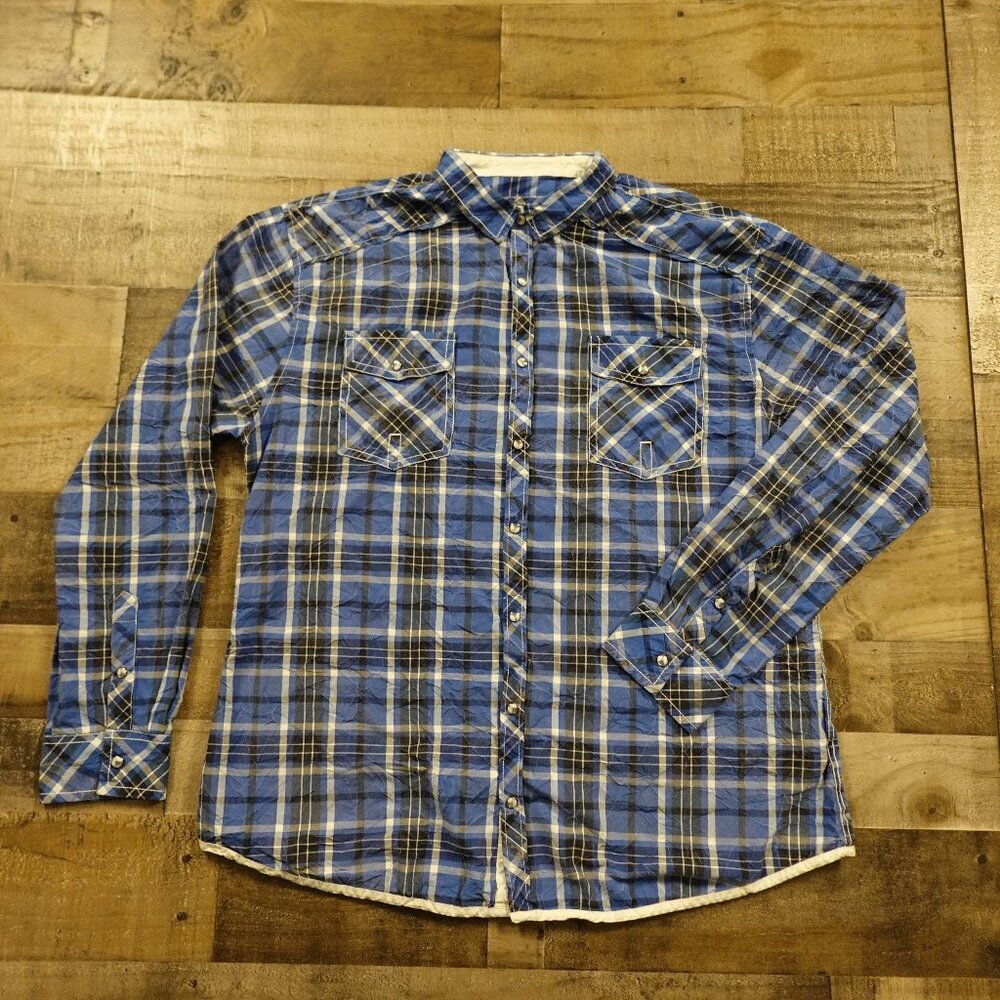 BKE Athletic Fit Plaid Pearl Snap Button Shirt – Men’s XXL Blue White Black